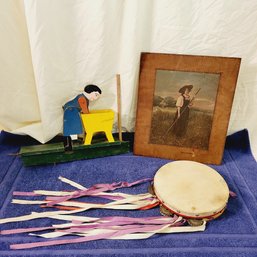 Wooden Picture, Woman Washing Toy And Tambourine