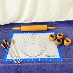 Wooden Rolling Pin, Skewers, Napkin Holder And Silicone Mat