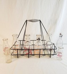 Vintage Milk Bottle Holder With Various Milk Bottles