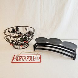 Metal Bowl, Candle Holder And North Pole Sign