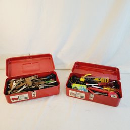 Pair Of Red Toolboxes With Tools Inside