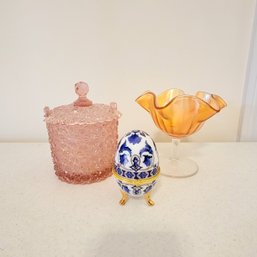 Pink Glass Jar, Carnival Glass Dish Plus Egg (Living Room)