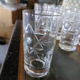 Set Of Fourteen Etched Or Cut Glass Drinking Glasses/Tumblers (Basement)