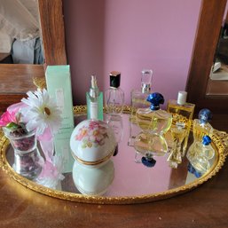 Mirrored Tray Including Perfume Bottles And Ceramic Egg Dish: Bvlgari, Shalimar, Etc. (Master Bedroom)