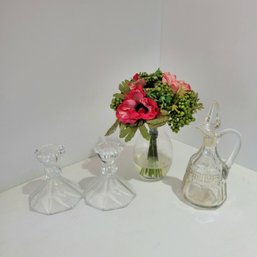 Glass Candle Stick Holders, Faux Flowers And Glass Cruet(JW)