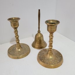 Brass Bell And Candlestick Holders (JW)