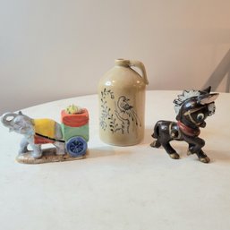 Ceramic Elephant Pin Cushion, Jug And Horse Figurine (EFL1)