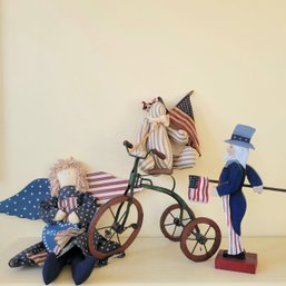 Patriotic Angel, Wooden Figure And Bear  With Bike (porch)