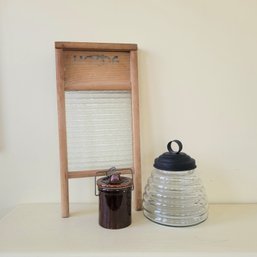 Miniature Wooden Washboard, Crock And Glass Bee Hive Jar (porch)