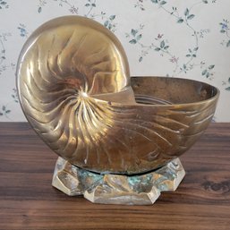 Vintage Mid-Century Hollywood Regency Style Solid Brass Nautilus Shell On Rocky Shore(Living Room)
