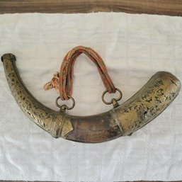 Antique Decorated Brass Gun Powder Horn (Living Room)