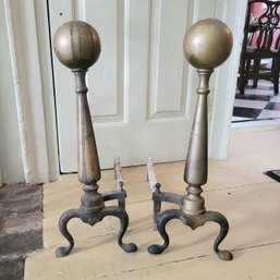 Pair Of Antique Brass And Iron Cannonball Andirons (Living Room)
