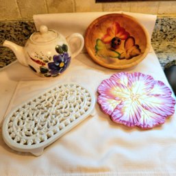 Cast Iron Trivet,  Flower Plate, Tea Pot And Wooden Bowl (Kitchen)