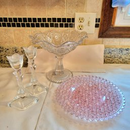 Lead Crystal Tulip Vases, Large Pedestal Bowl And Pink Glass Platter (Kitchen)