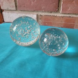 Set Of 2 Clear Glass With Bubbles Paper Weights (LR)