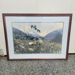 Framed Landscape Photograph, Mountains And Flowers