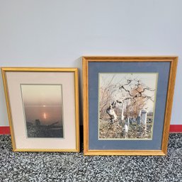 Pair Of Framed Art Pieces, Cemetery And Sunset