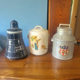 Set Of 3 Vintage Ceramic Cookie Jars Spirit Of 76, Mexican Theme And Repaired Space Shuttle (Dining Room)
