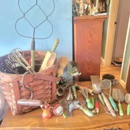 Large Lot Of Vintage Kitchen Tools And Large Basket (Dining Room)