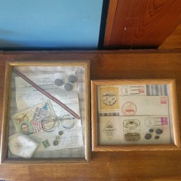 Pair Of Shadow Boxes Containing 1861 Kerosene Bill, Old Glasses, Buttons Stamps And Postcards (Dining Room)