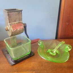 Vintage Ice Cube Breaker With Uranium Glass And Additional Uranium Glass Dish With Spoon (Dining Room)