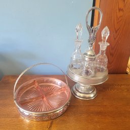 Silverplated Condiments Holder And Pink Depression Glass Divided Dish With Holder (Dining Room)