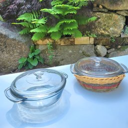 Set Of 2 Glass Anchor Hocking Casserole Dishes With 1 Basket Holder (Garage)