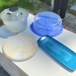 Round Marble Cheese Board, OXO Salad Spinner, Cake Carrier And Blue Dish (Garage)