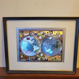 A NEW AND ACCVRAT SILVER & GOLD FOIL SMALL MAP OF THE WORLD FRAMED DOUBLE MATTED (Hallway)