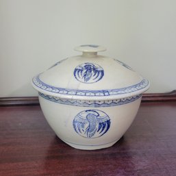 Vintage Chinese Porcelain Serving Bowl With Lid Blue And White Crane Design (LR)