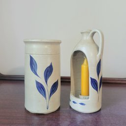 Williamsburg Pottery Candle Holder (has Crack) And Vase (LR)