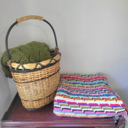Tall Handled Basket Plus 2 Hand Knited Blankets (LR)