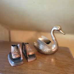 Brass Colored Baby Shoes Bookends And Brass Colored Swan (B1)