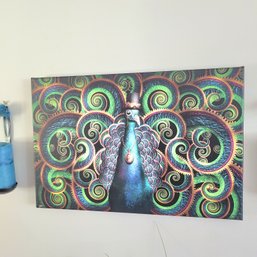 Stunning Peacock Print With 2 Blue Candle Arrangements On Each Side (Kitchen)