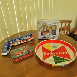 Budweiser Tray, Nascar Playing Cards, 18 Wheeler And Pez Set (LR)