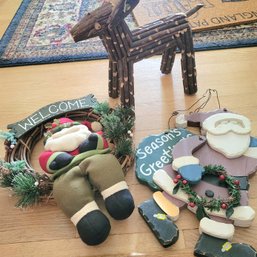 Wood Made Christmas Deer Plus Wreath And Santa (LR)