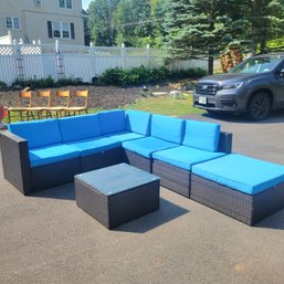 7 Piece Adjustable Configuration Black Wicker Patio Set With Vibrant Blue Cushions (Garage)