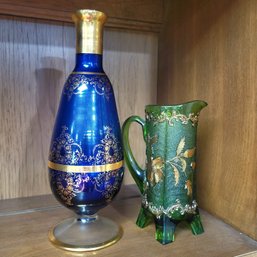 Elegant Green Glass Pitcher And Blue And Gold Glass Bottle (Kitchen)