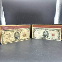 Pair Of Red NOTE $5.00 Bills- 1 Stamped 'Federal Reserve Of Boston' 1929 & 1963