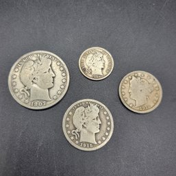 1907-1908-1912-1915 Barber Quarter, Dime, Half Dollar And Liberty Nickel