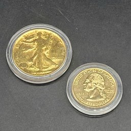 24k Gold Plated State Quarter 'P' Mint And 24k Gold Plated Walking Liberty Coin