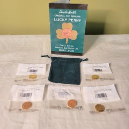 Set Of 5 Gold Plated Irish 1/2 Pennies With Green Velvet Bag And Flyer