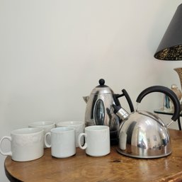 Tea Kettle, Coffee Pot On Warmer And Mugs (Dining Room)