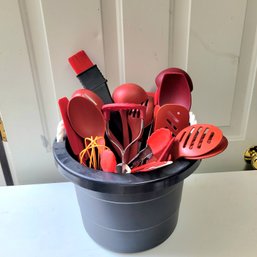 Black Bucket Chalk Full Of Red Kitchen Tools Some Are New!