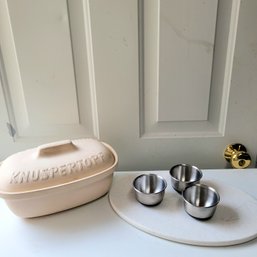 Knuspertoff Ceramic Baker, Stainless Steel Cups And Ceramic Cheese Board