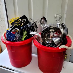 2 Large Red Buckets Full Of Kitchen Tools Some Are New!