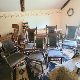 Set Of 6 Antique Embossed Italian Leather & Wood Armchairs With Studded Brass Detail (Upstairs 2)