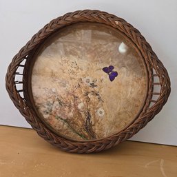 Vintage Wicker Milkweed Tray W/ Dried Pressed Flowers (KB)