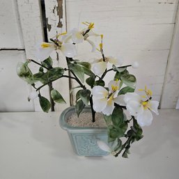 Glass White Flower And Jade Leaves Faux Planter