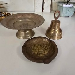 Lot Of Brass Ware Footed Plate, Ashtray & Bell